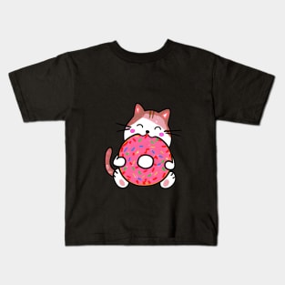 Funny Cat Eating a Donut, Kawaii Cat with Pink Donut Kids T-Shirt